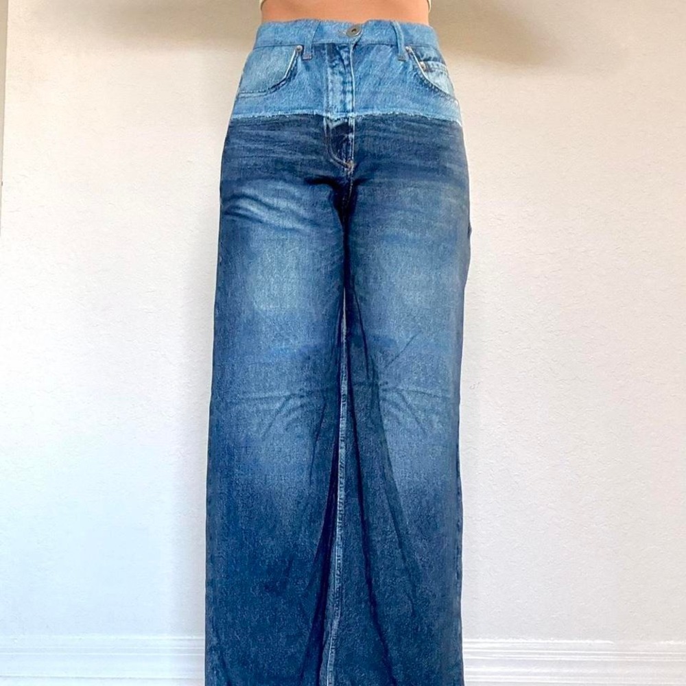High-Waisted Wide-Leg Faux Sweatpant Jeans with Gradient Fade – Elan